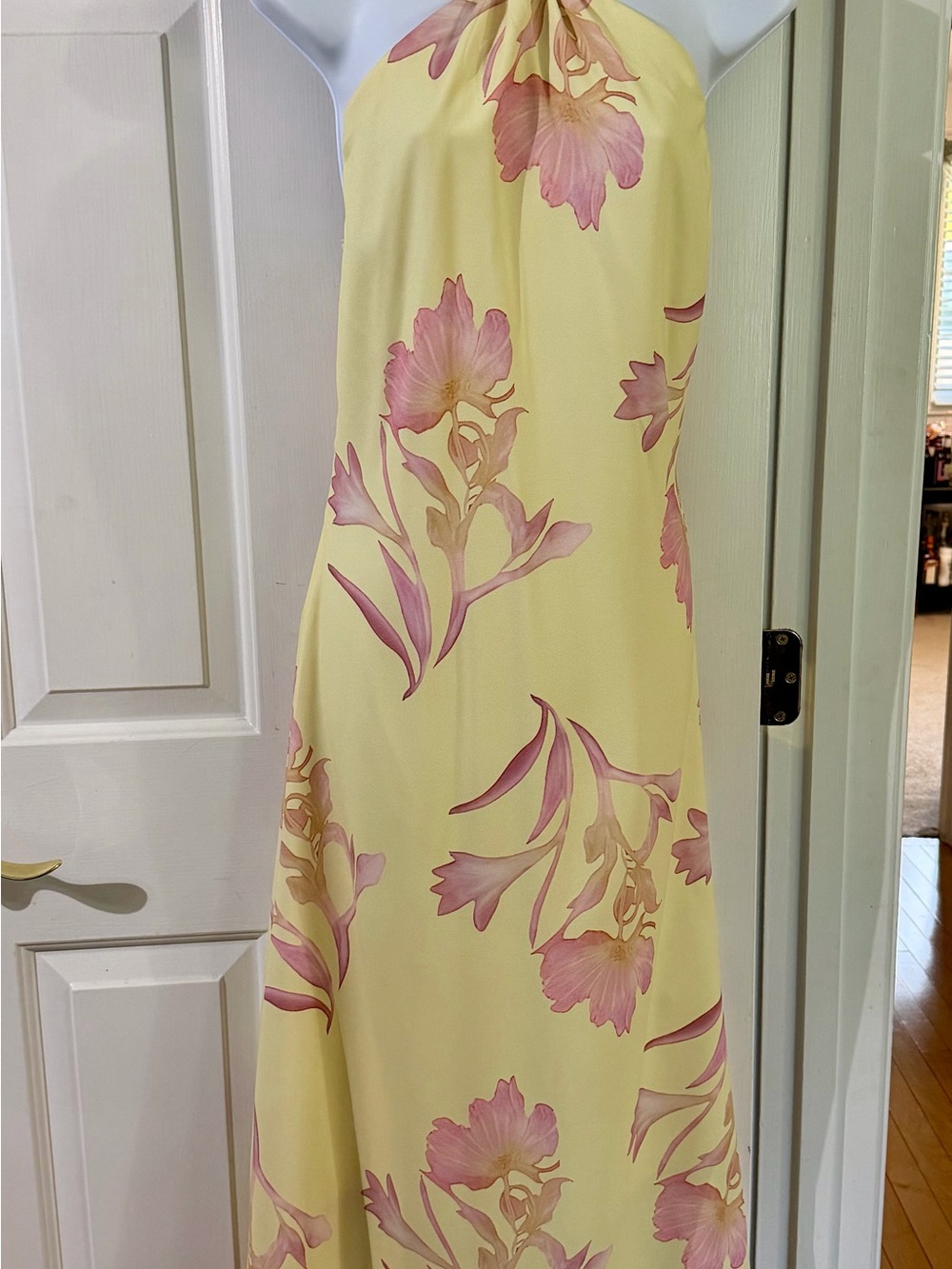 Yellow Floral Halter Maxi Dress with Pink/ Purple floral accents M- never worn